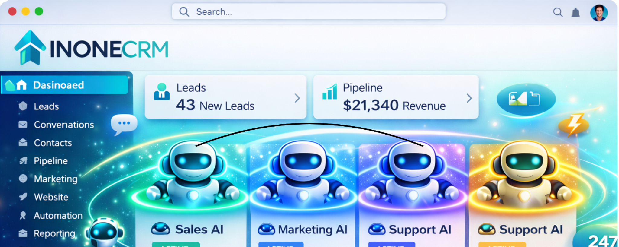 InOneCRM dashboard preview showing the full platform in one workspace